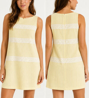 London Times Yellow Seersucker Dress Size 8 Sleeveless Lace Detail Shift Resort